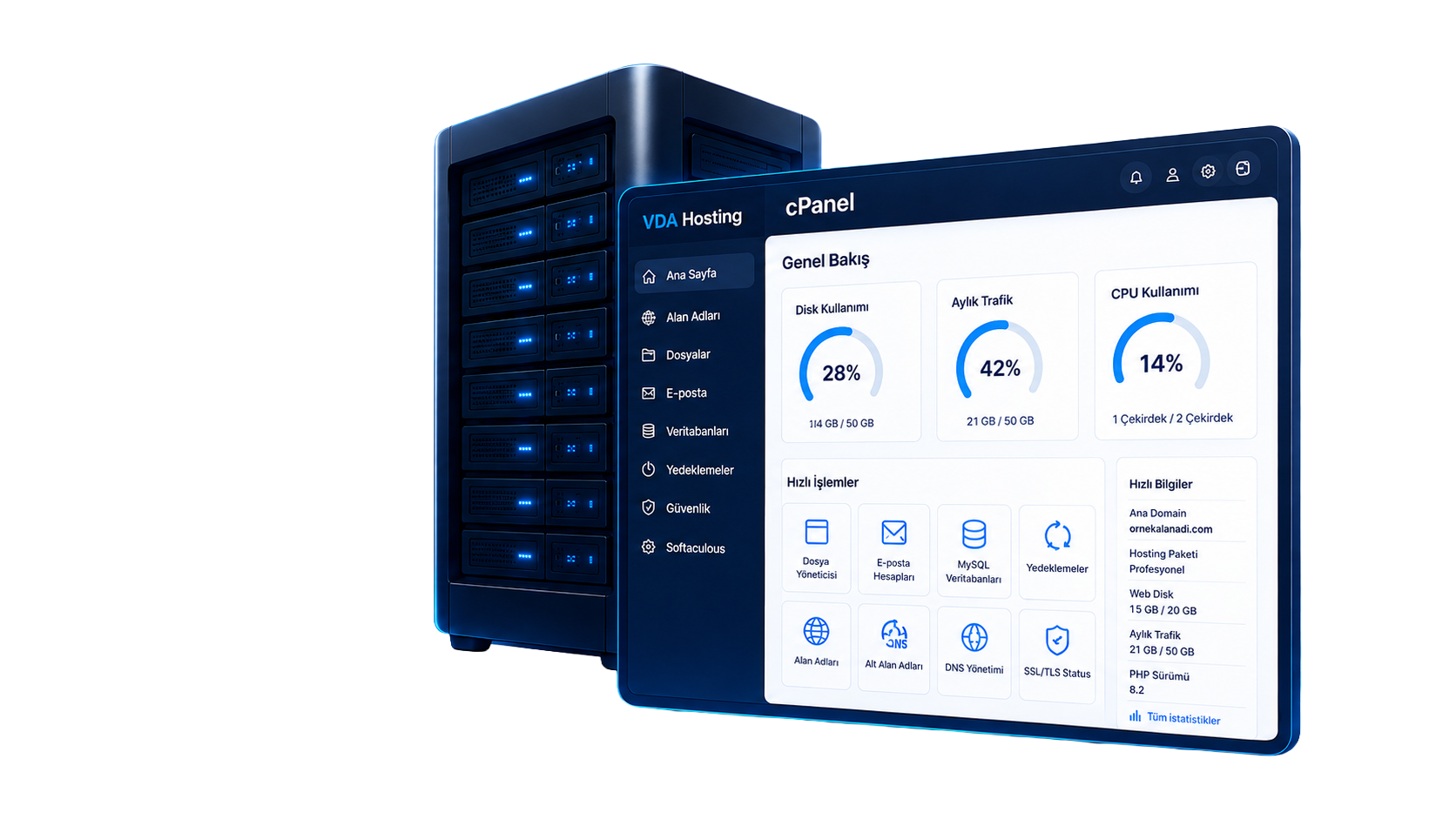 VDA Hosting sunucu ve cPanel kontrol paneli görseli